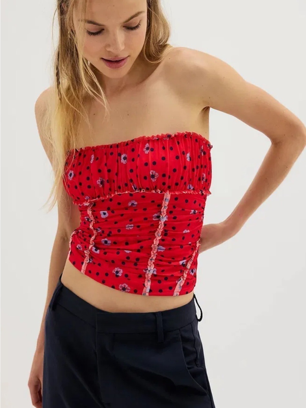 Free People Red Scottie Printed Tube Sleeveless Top Stretchy Sz L BarbieCore